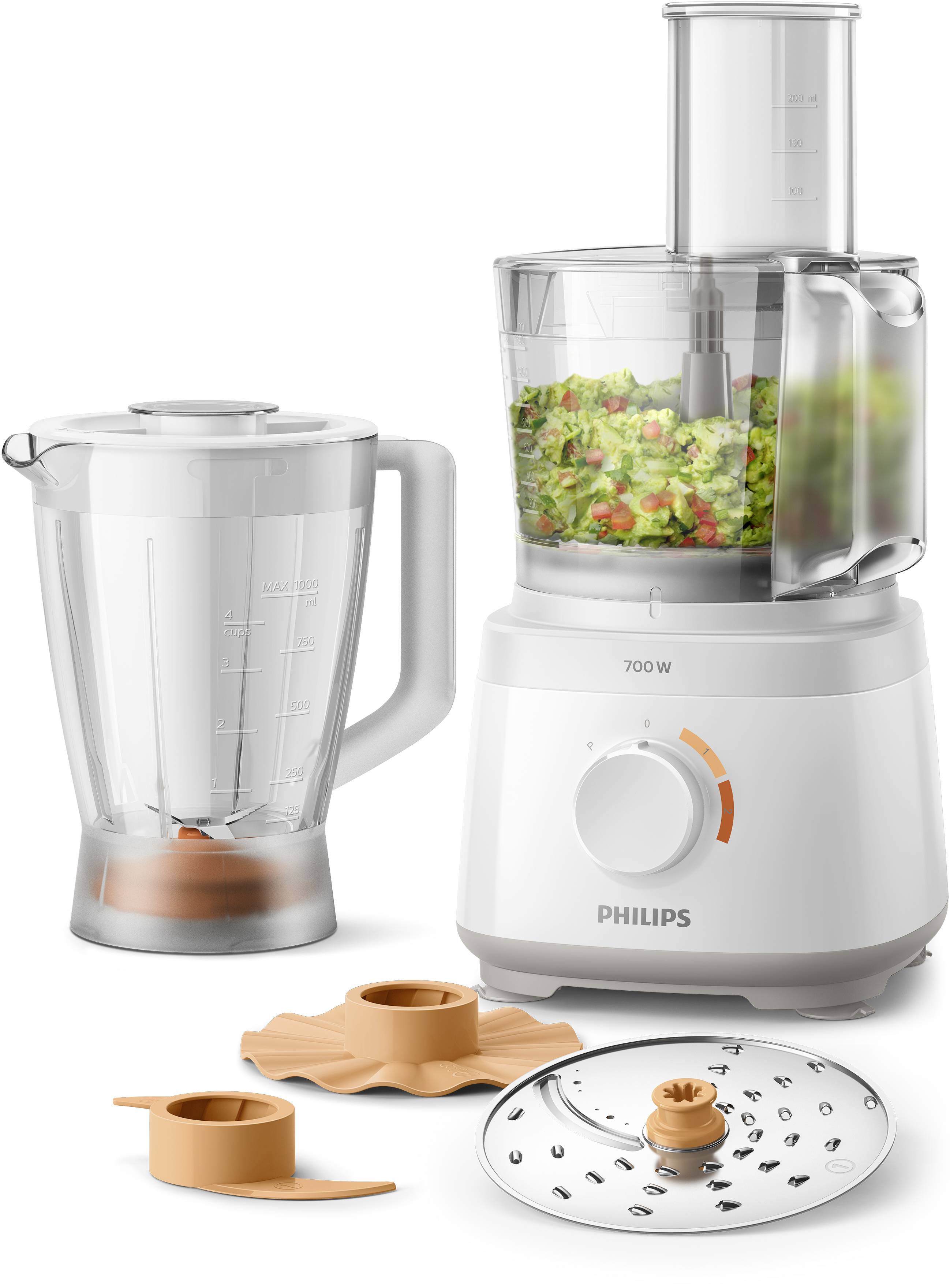 Kitchen food processor with multiple attachments, including a blender and grater, filled with finely chopped vegetables on a white background.