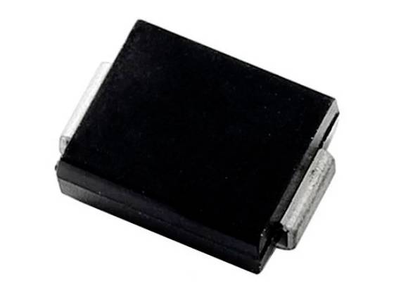 A black, rectangular electronic component with two metal terminals, used as a rectifier diode.