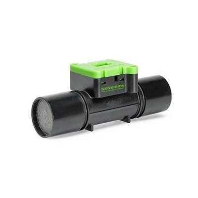 A black sensor with a green cover that measures air flows. The 'Sensirion' brand is visibly placed on the cover.