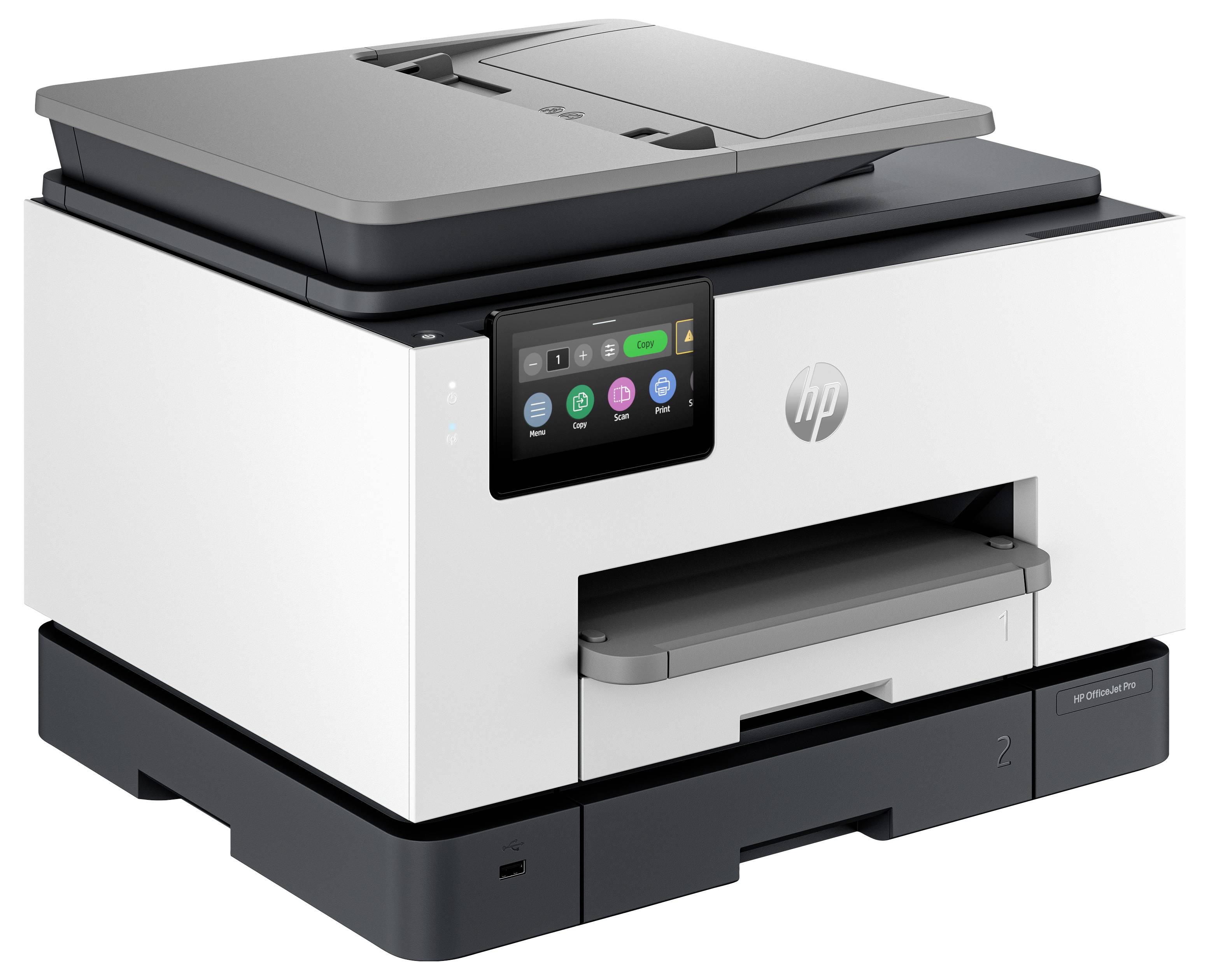 HP all-in-one printer with touchscreen control panel, paper tray, and flatbed scanner on top.