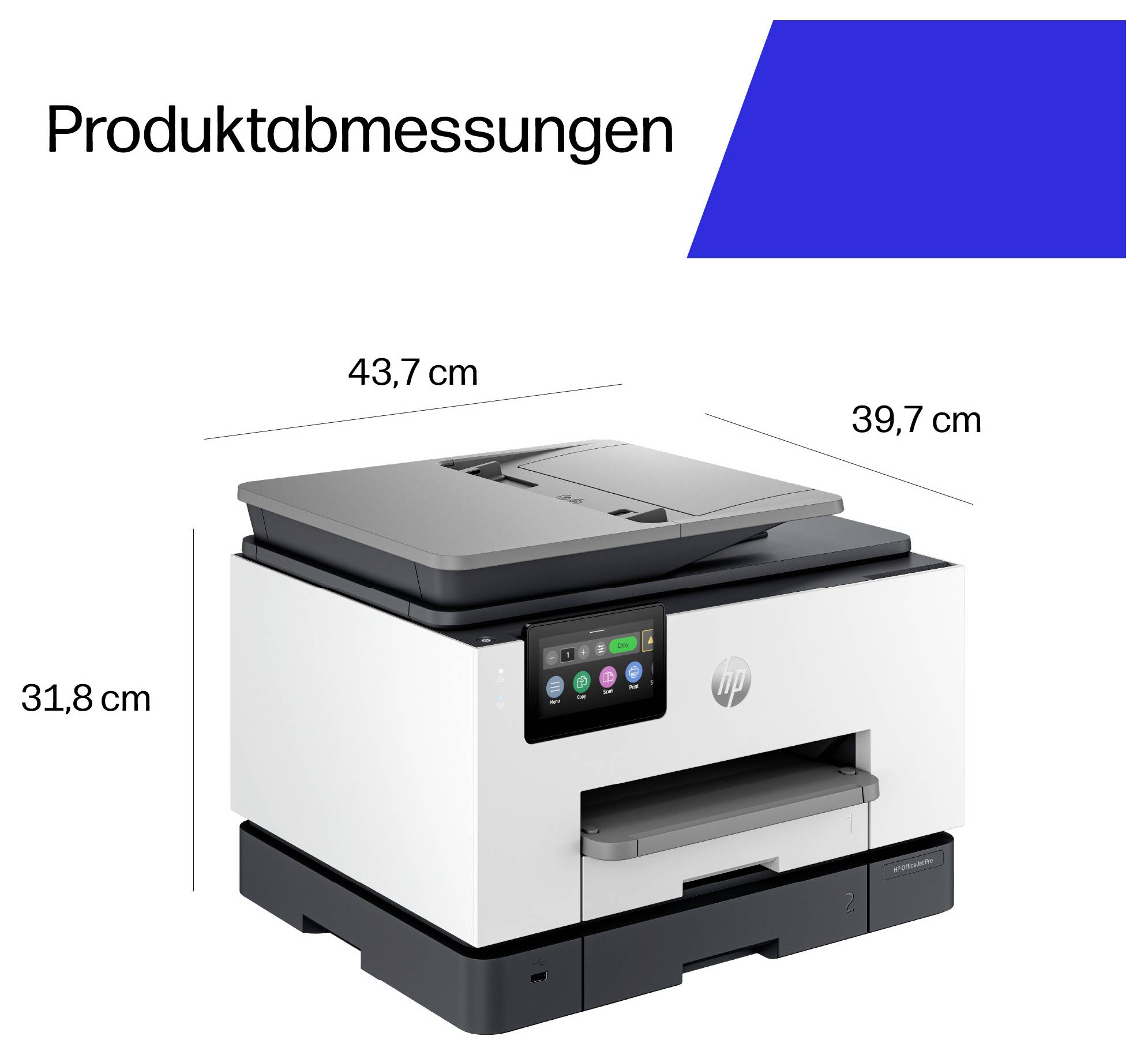 HP multifunction printer with dimensions labeled: 43.7 cm wide, 39.7 cm deep, and 31.8 cm high.