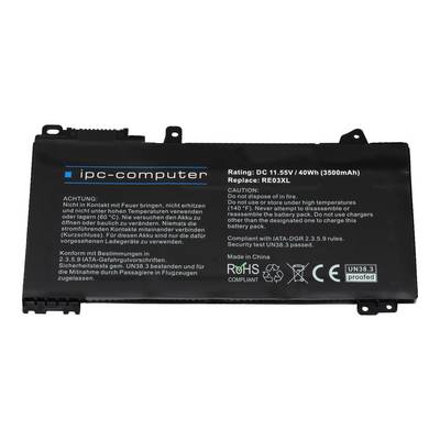 Black laptop battery, 11.55V/40Wh, for model RE03XL. Print warns against fire and heat exposure. Made in China.