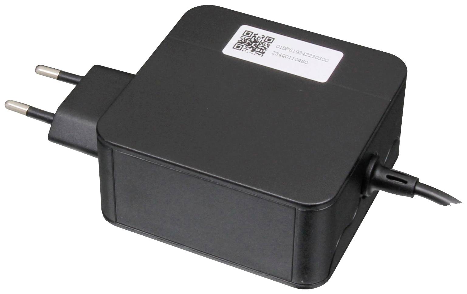 Black power adapter with European plug and attached cable, on white background.