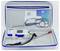 A digital temperature measuring device is shown inside its open carrying case, alongside probes and instruction manuals in a mesh pocket.