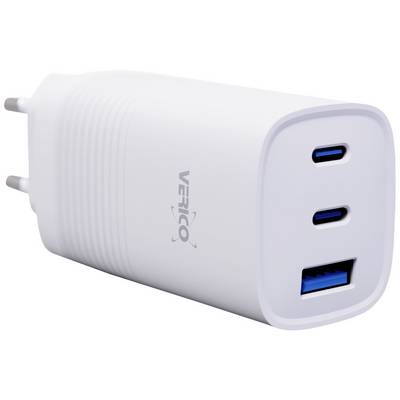 White USB charger with two USB-C ports and one USB-A port, suitable for fast charging multiple devices.