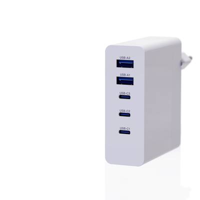 A white USB charger with five ports: two USB-A and three USB-C, positioned in front of a neutral background.