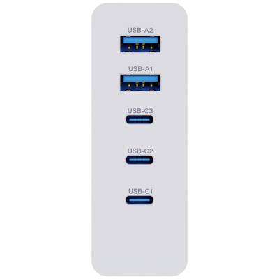 USB hub with two USB-A and three USB-C ports. Ports are labelled: USB-A2, USB-A1, USB-C3, USB-C2, USB-C1.