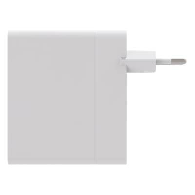 A white, square power adapter with a European plug on the right-hand side. It is typically used for charging devices.