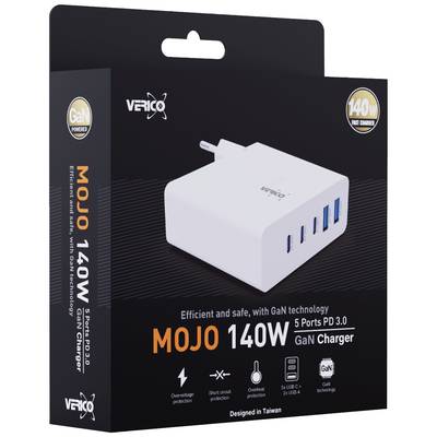 White GaN Charging Station with 5 USB Ports by Verico, MOJO 140W Model. Packaging emphasises safety, efficiency, and fast charging.
