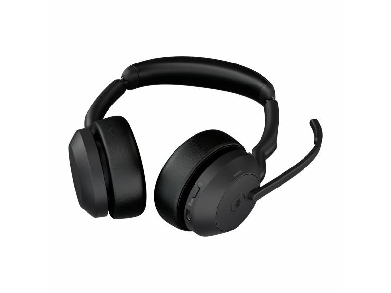 A black headset with padded ear cups and a microphone arm, suitable for telephone conferences or enjoying music.