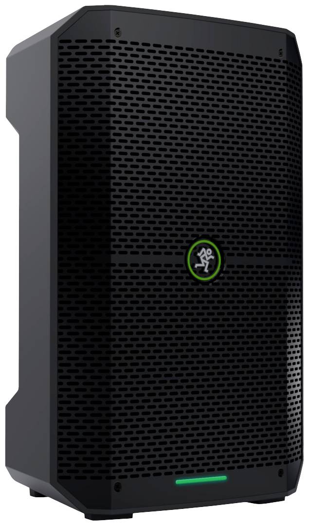 Black speaker with a green illuminated symbol in the centre and a perforated front cover.