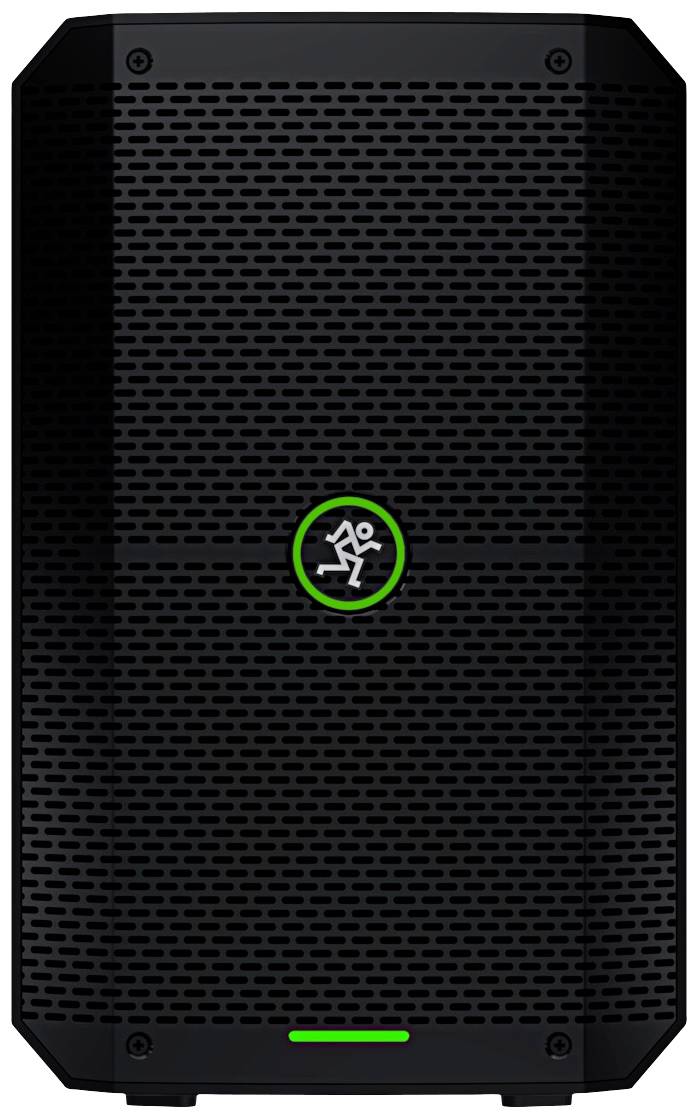 Black speaker with a round logo in the centre. The logo depicts a stylised person in a green circle.