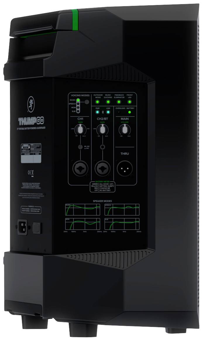 Portable speaker with a control panel displaying volume controls, ports, and LED indicators. 'Thump' brand on the front.