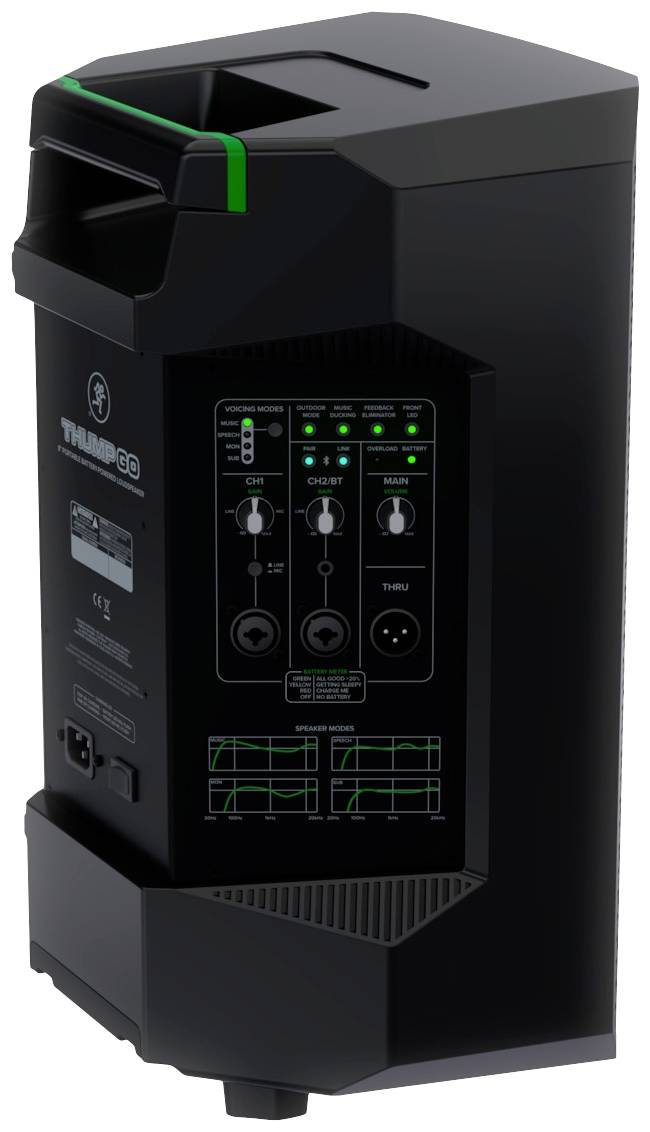 Black speaker with control panel on the back, showing dials and connections for sound settings and interface ports.