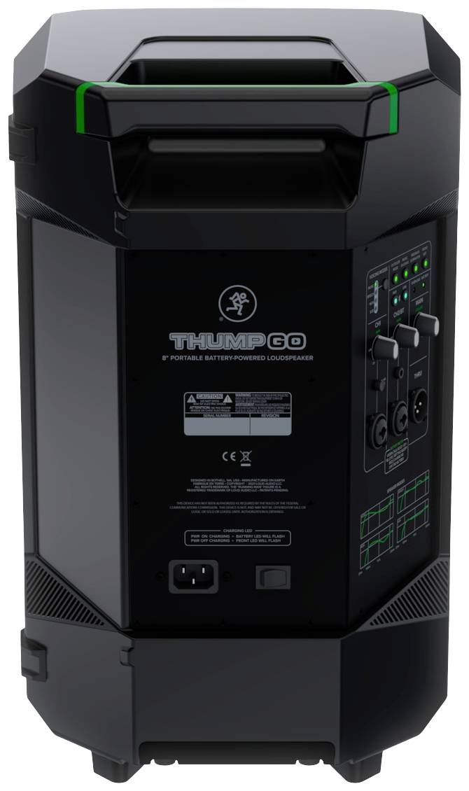 Black portable speaker with handle, green accent lighting and connection control elements on the back.