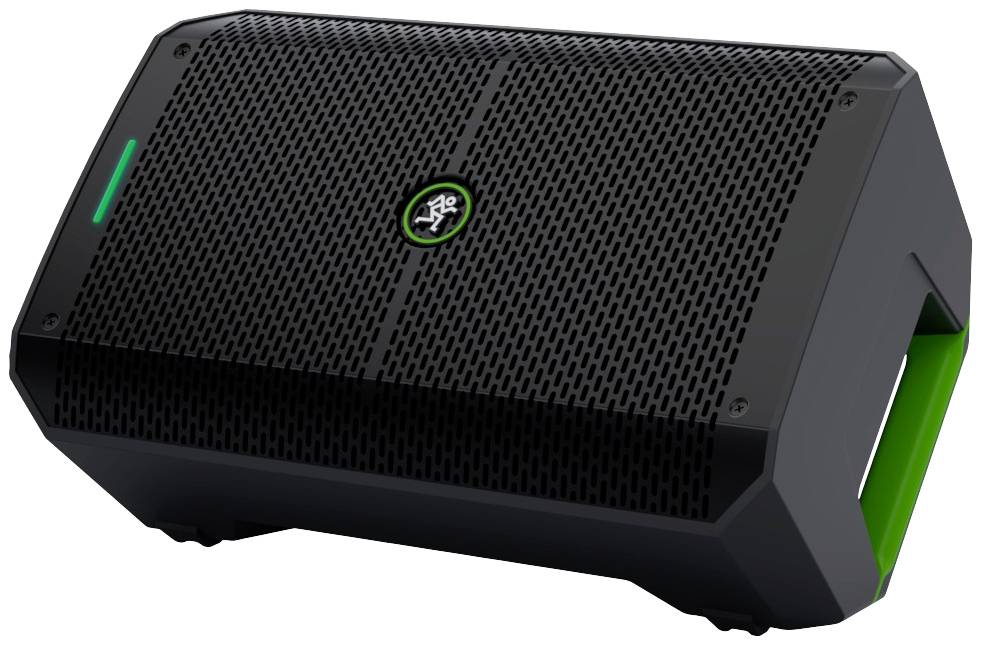 A compact black speaker with a green LED light and a carry handle, suitable for portable music amplification.