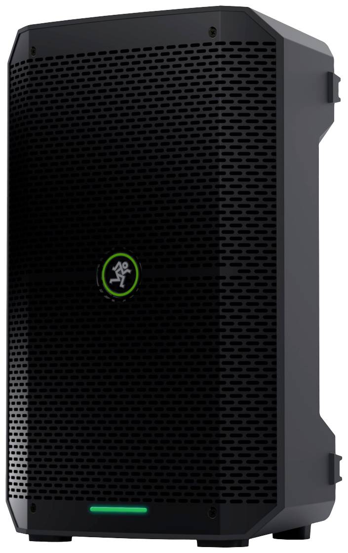 A black speaker with a perforated front and a green logo in the centre. The speaker has a trapezoidal enclosure shape.