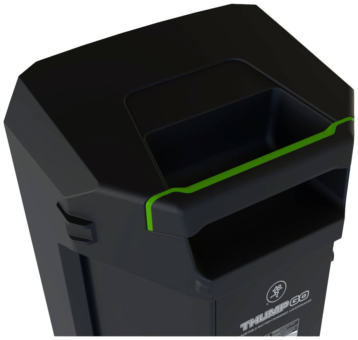 Black dustbin with a green stripe on the lid and logo in the centre.