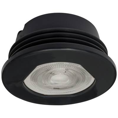 A black, round LED recessed ceiling spotlight with a clear lens cover, suitable for modern interior lighting.