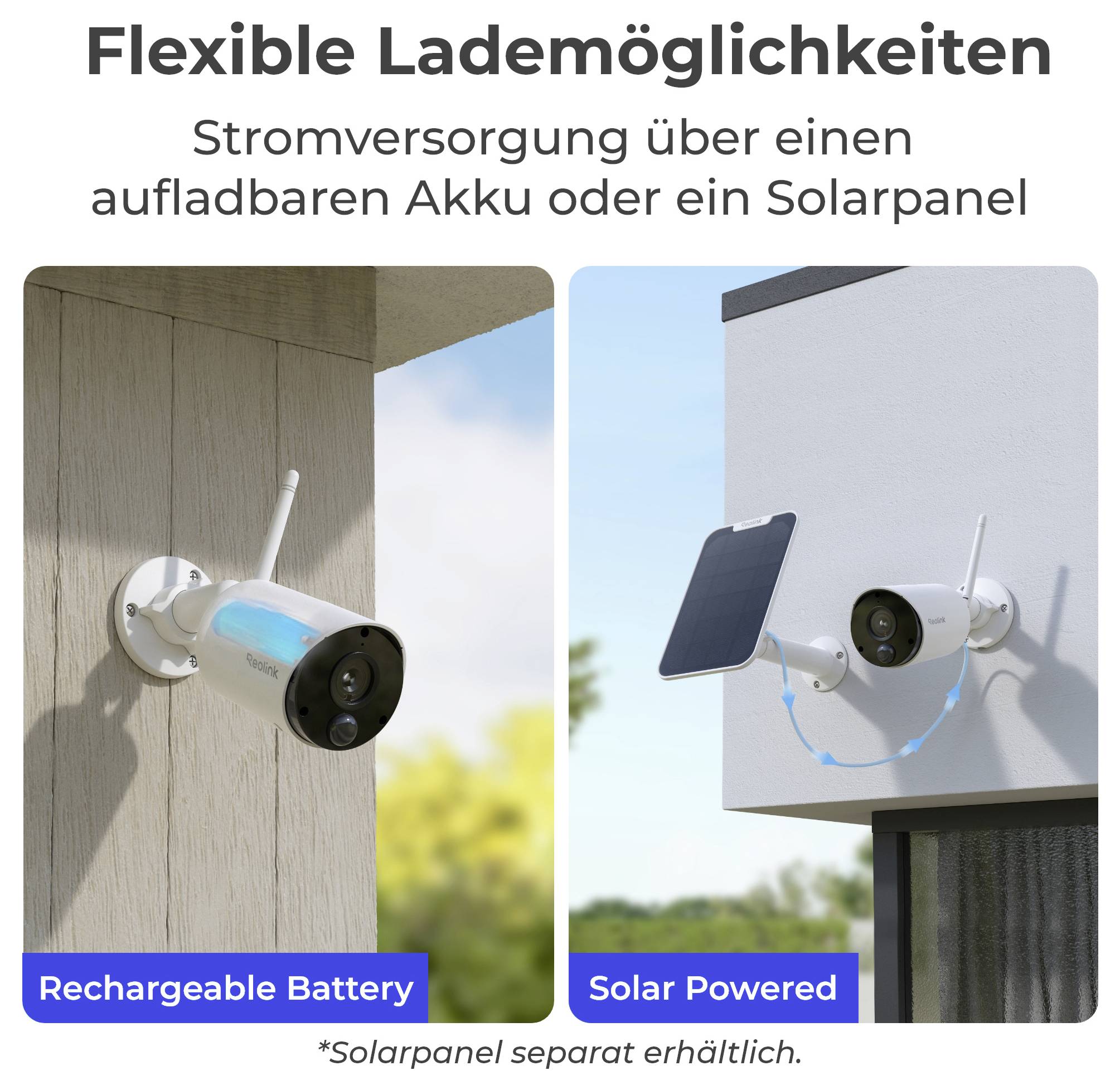 'Flexible Lademöglichkeiten' shows two cameras: one with 'Rechargeable Battery' and the other 'Solar Powered' as charging options.