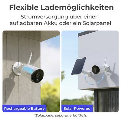 'Flexible Lademöglichkeiten' shows two cameras: one with 'Rechargeable Battery' and the other 'Solar Powered' as charging options.