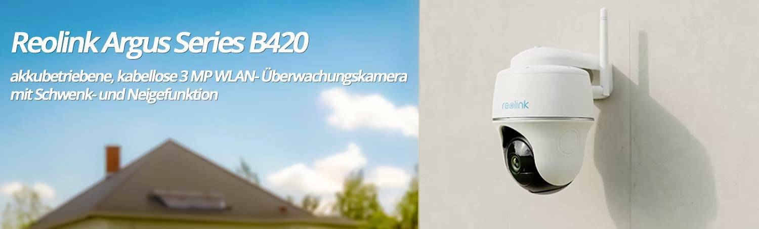 Reolink Argus Series B420 surveillance camera mounted on house wall, description: 'battery-powered, wireless 3 MP Wi-Fi security camera with pan and tilt functionality'.