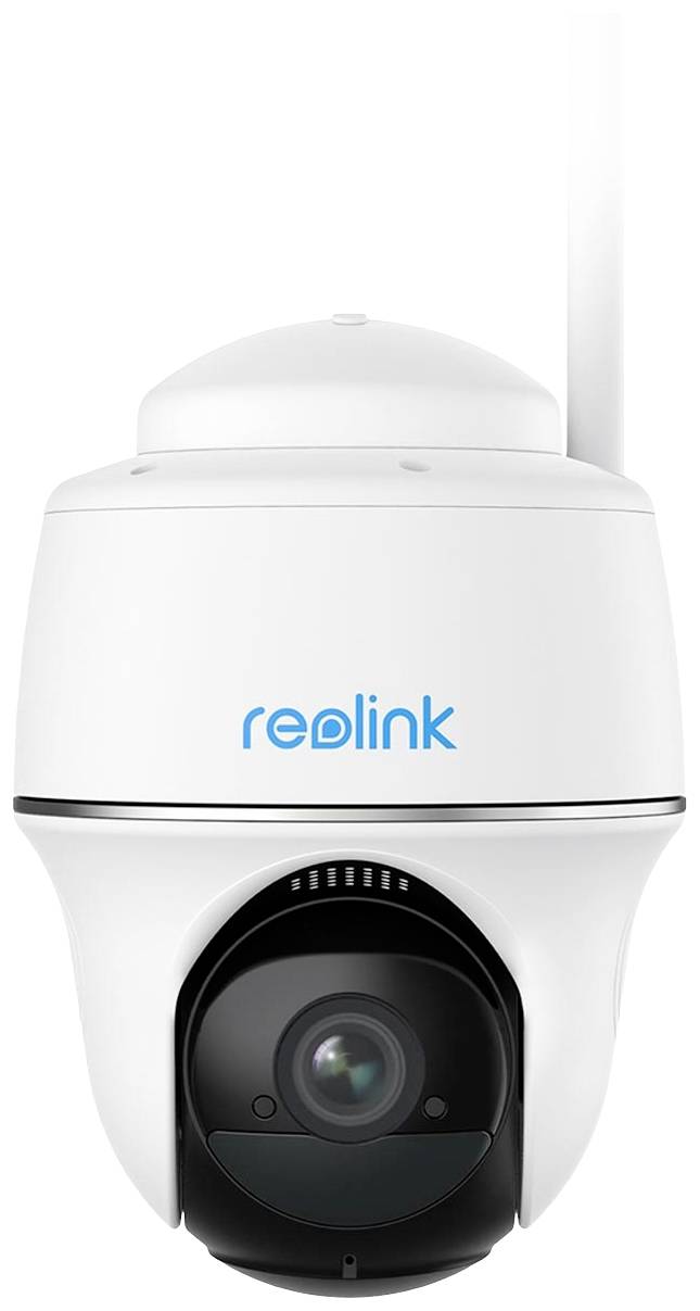 White surveillance camera by Reolink with black lens, suitable for outdoor monitoring, showcasing technology and security.