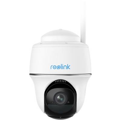 White surveillance camera by Reolink with black lens, suitable for outdoor monitoring, showcasing technology and security.