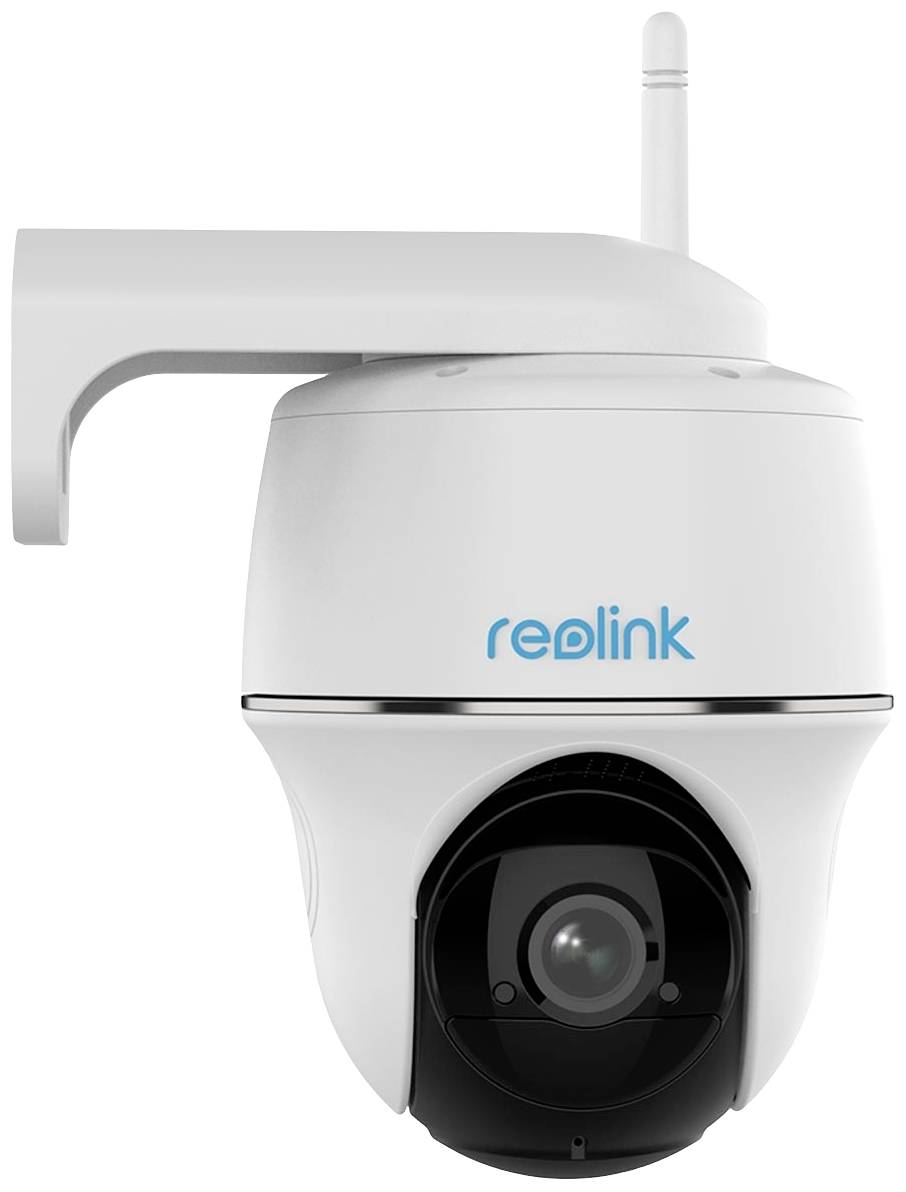 White surveillance camera with antenna, 'reolink' brand name visible, suitable for wall mounting.