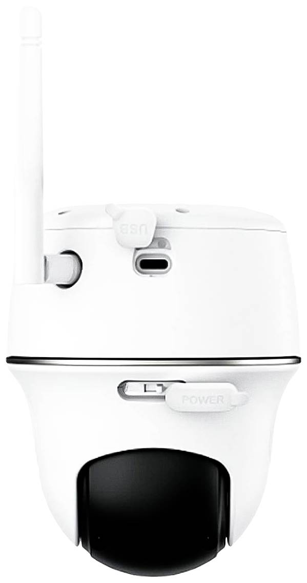 White surveillance camera with black lens and antenna, suitable for indoor areas. Ideal for video monitoring and security.