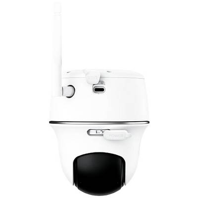 White surveillance camera with black lens and antenna, suitable for indoor areas. Ideal for video monitoring and security.