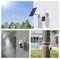 Three images show a solar-powered security camera in different settings: outdoors under sunlight, on a wall in the rain, and on a pole near a pool.