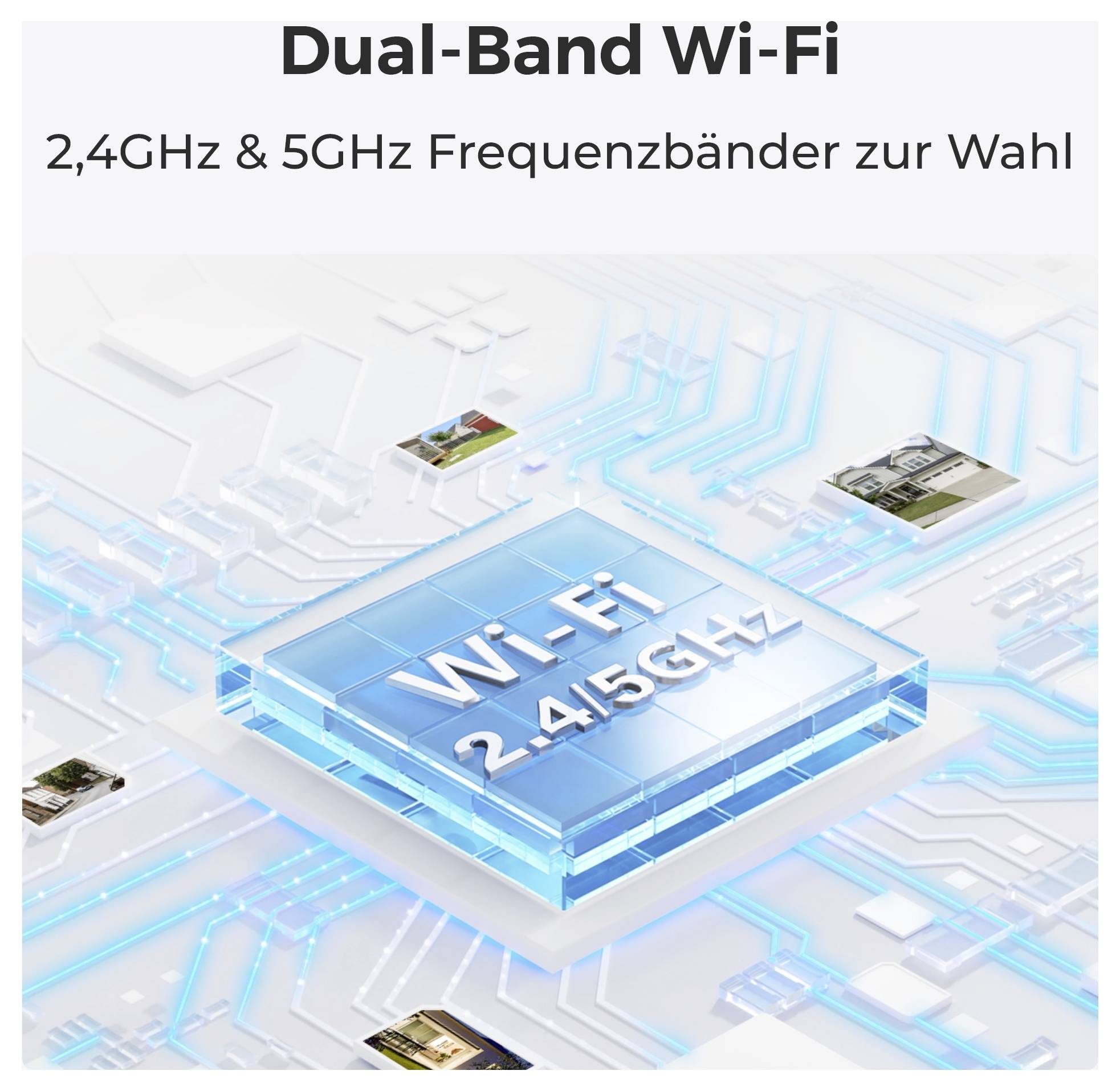 'Dual-Band Wi-Fi' text above a circuit board design with highlighted 'Wi-Fi 2.4/5 GHz' chip, emphasizing frequency options.