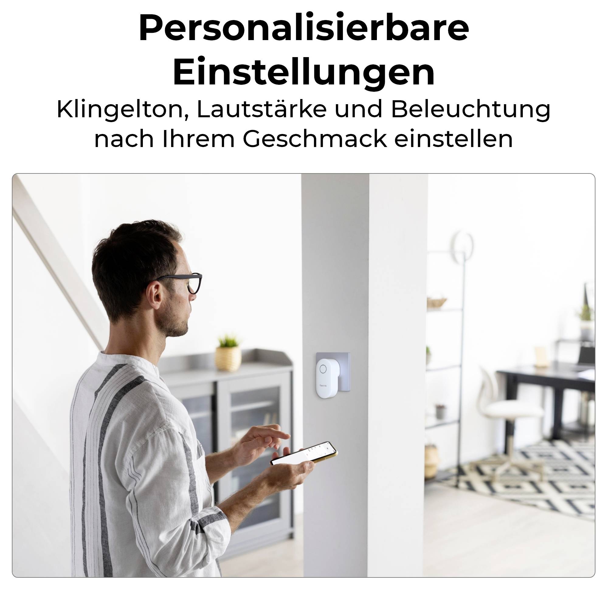 'Personalizable settings' banner in German. A person adjusts a smart device on a wall using a smartphone, emphasizing custom ringtones, volume, and lighting preferences.
