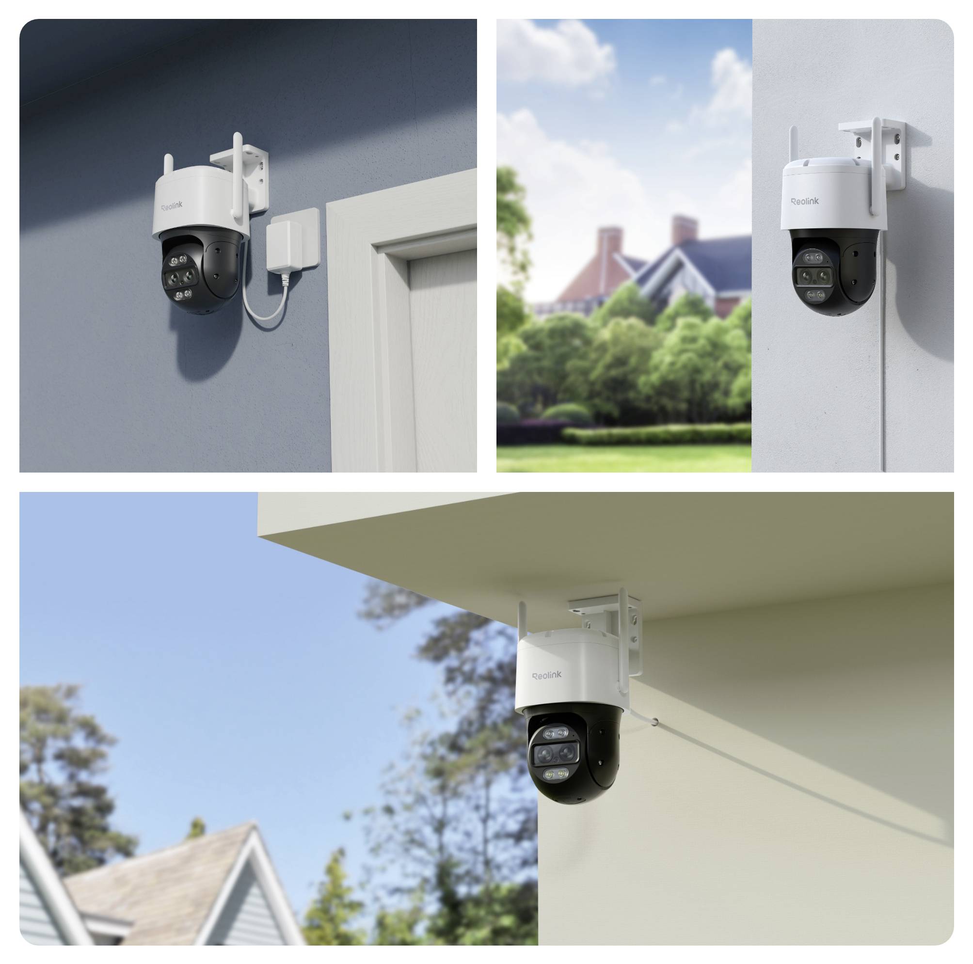 A security camera is mounted on a wall and under a roof, showing views of a house and trees in the background.