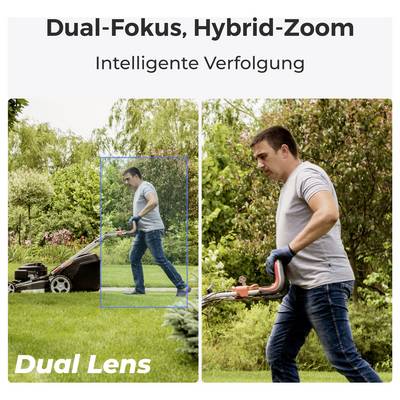 A person mowing a lawn, demonstrating dual-focus hybrid zoom with intelligent tracking. The image highlights dual lens technology.