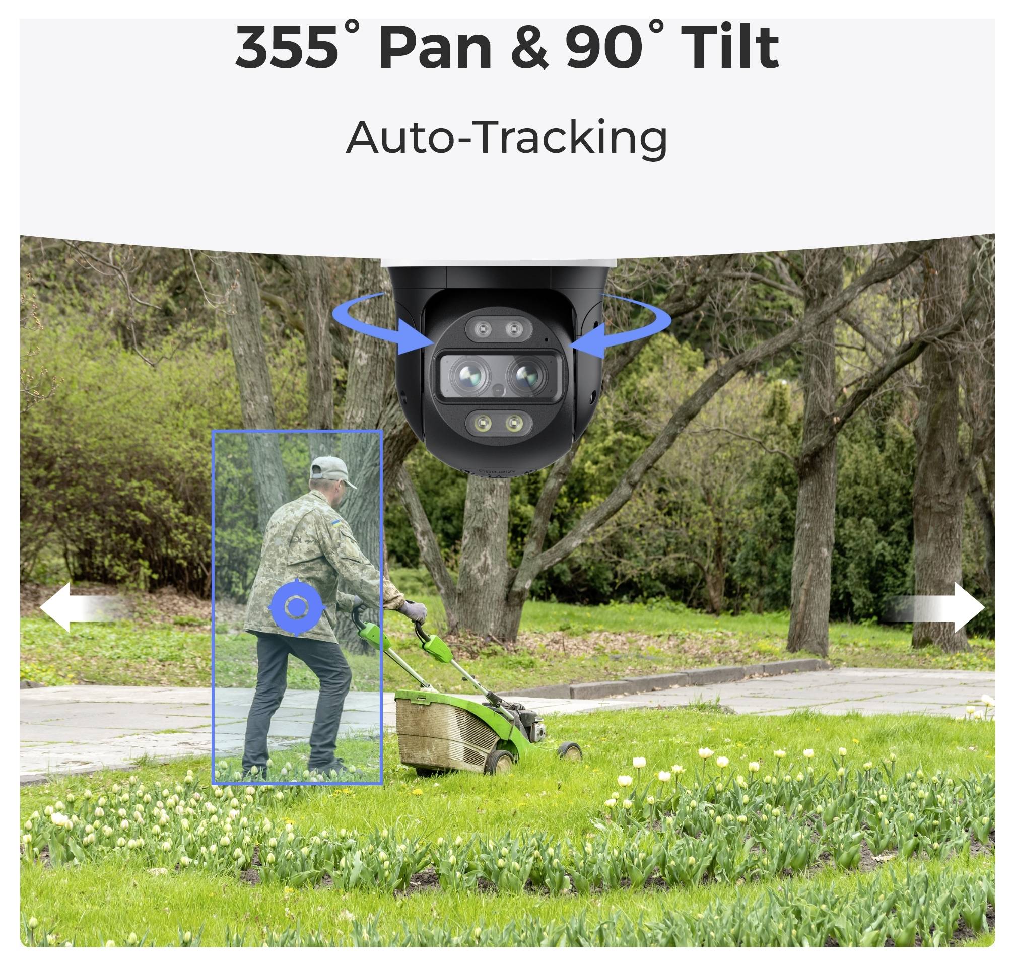 A camera with '355° Pan & 90° Tilt Auto-Tracking' feature monitors a person mowing the lawn, highlighting movement in a blue box.