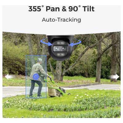 A camera with '355° Pan & 90° Tilt Auto-Tracking' feature monitors a person mowing the lawn, highlighting movement in a blue box.