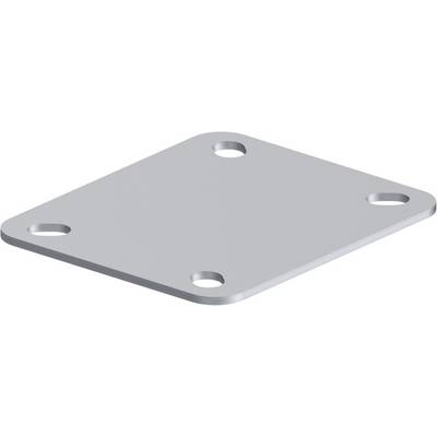 'Grey metal plate with four symmetrically arranged holes at the corners.'