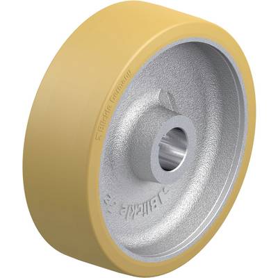 Yellow, round metal wheel with polyurethane coating. Frequently used as a replacement part for various rolling and transport equipment.