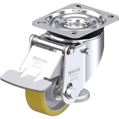 Industrial swivel castor made of metal with a yellow wheel and brake, manufactured in Germany, showing the Blickle company logo.