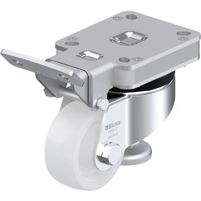 Metal swivel castor with white wheel, mounting plate, and brake, suitable for flexible and stable mobility on flat surfaces.