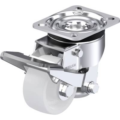 Steel roller holder with white plastic wheel, fitted with a brake. Suitable for furniture or transport trolleys.