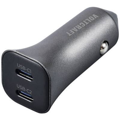 Black car charger with two USB-C ports, labelled 'USB-C1' and 'USB-C2'. Ideal for charging multiple devices simultaneously.