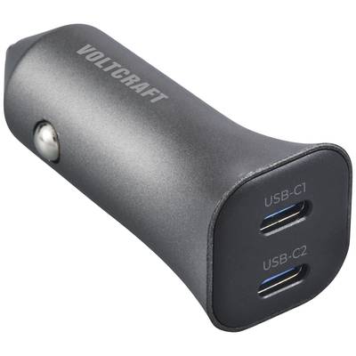Black and silver USB car charger adapter with two USB-C ports, labelled as 'USB-C1' and 'USB-C2'. Top surface marked with 'Voltcraft'.
