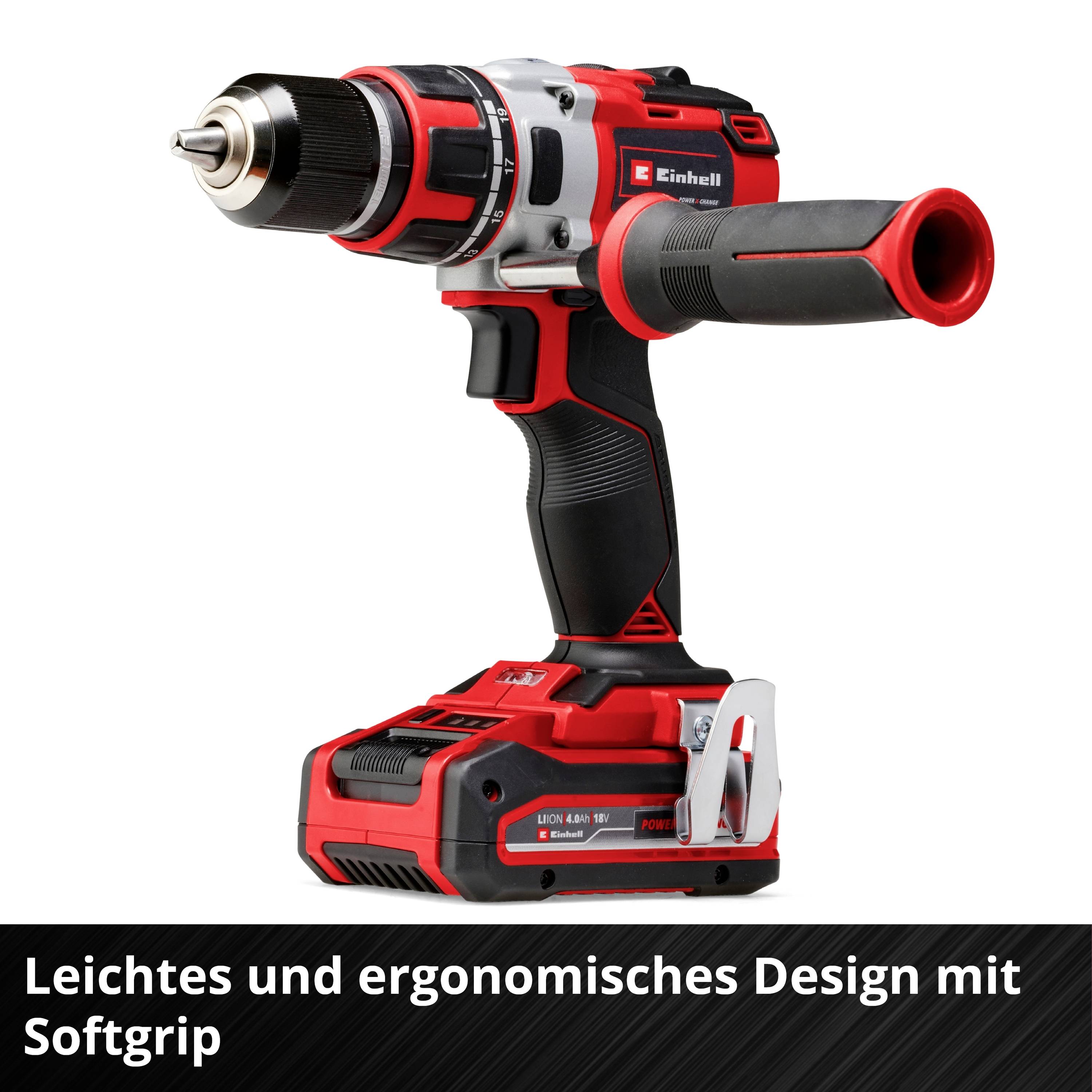 Cordless drill in Red-Black with an ergonomic design and soft grip, Text: 'Lightweight and ergonomic design with soft grip'.