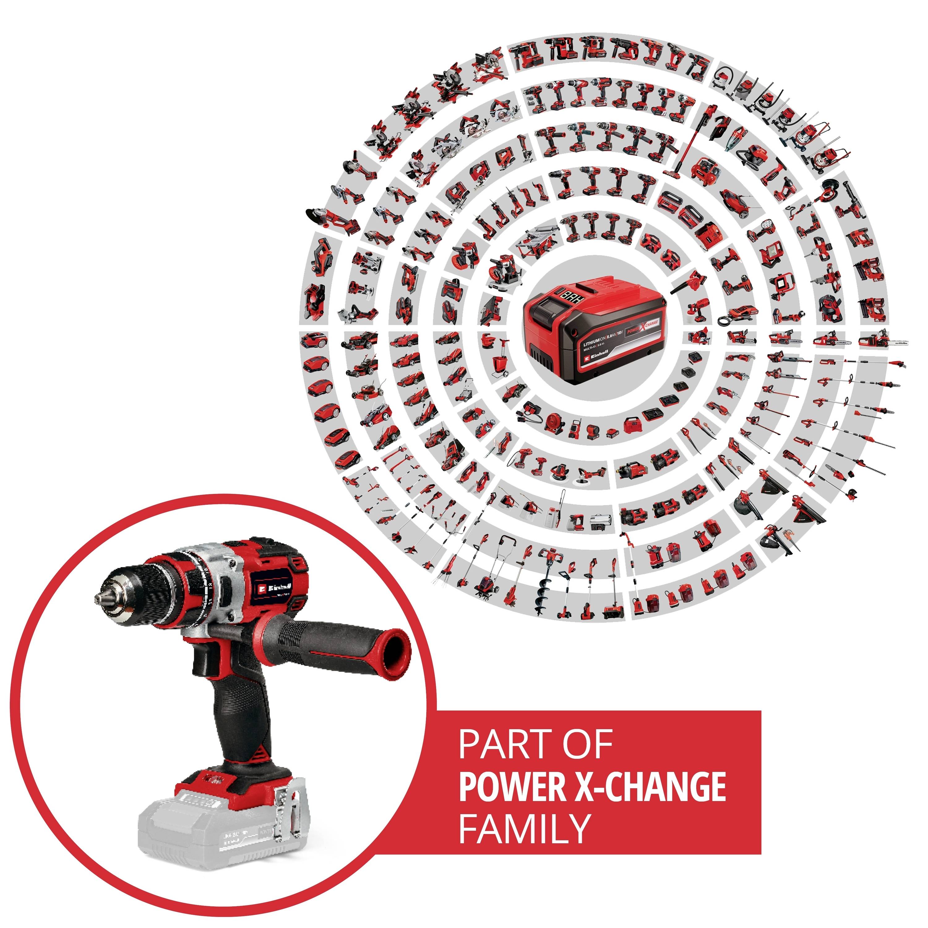 Cordless drill in the foreground. Background shows many tools in concentric circles. Text reads 'Part of Power X-Change Family'.
