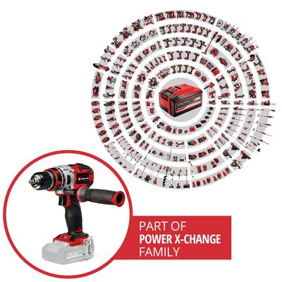 Cordless drill in the foreground. Background shows many tools in concentric circles. Text reads 'Part of Power X-Change Family'.