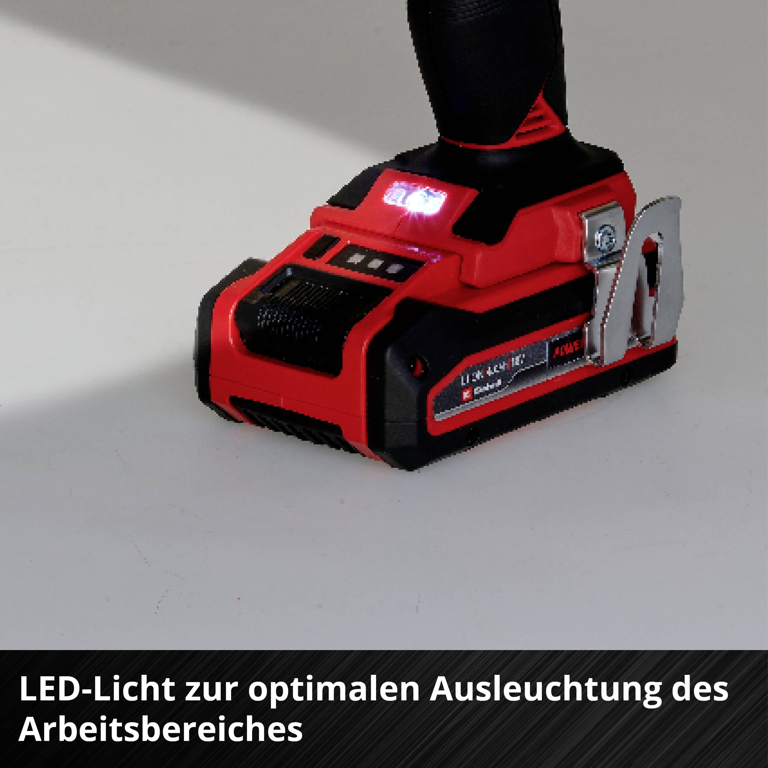 'LED light for optimal illumination of the working area' shows a cordless drill with integrated LED light.