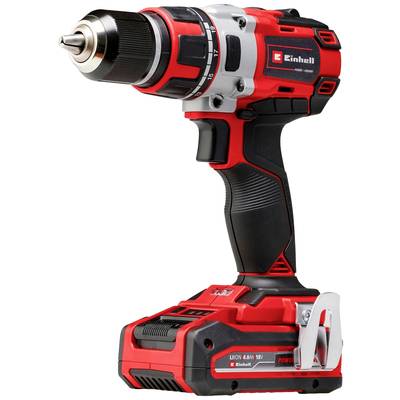 Cordless drill driver with red and black casing, metal chuck, and ergonomic handle. Brand: Einhell. Perfect for DIY projects.